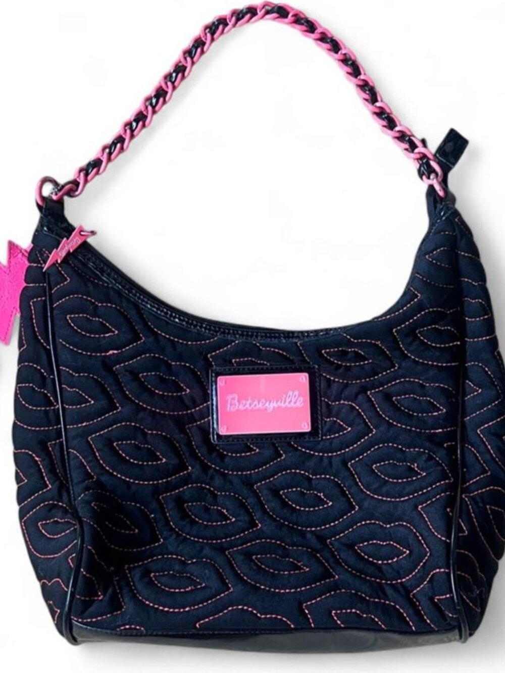 Y2K Betseyville black and pink medium quilted hobo bag chain strap
